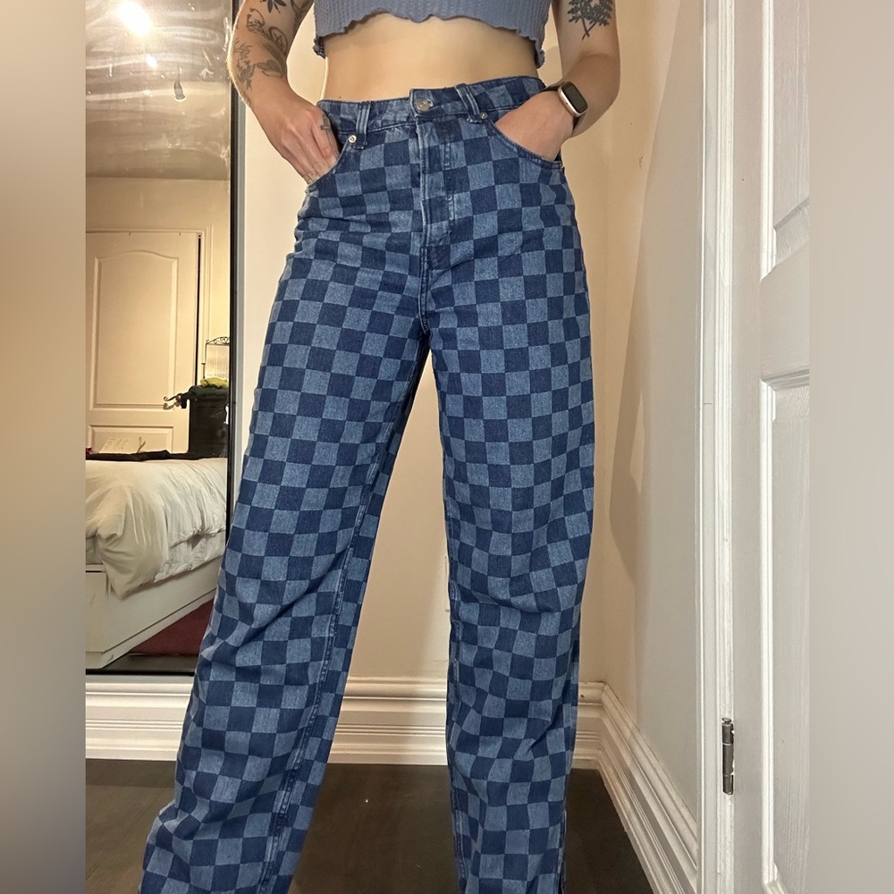 High waisted checkered jeans